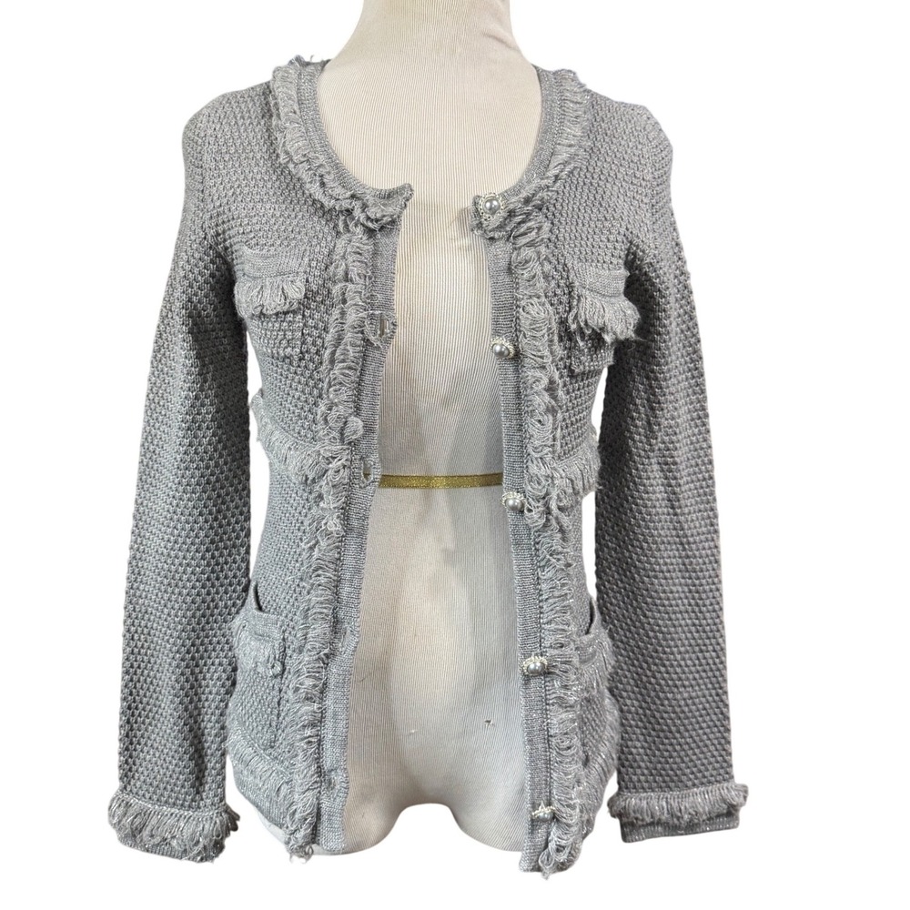 INC Sweater Cardigan Women Medium‎ Wool Blend Gray Fringe Pearl Button Old Money